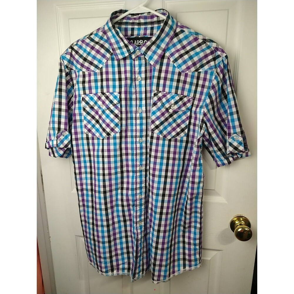 Carbon Men's XL Butterfly N Short Sleeve Shirt Purple Blue Checked Preppy...